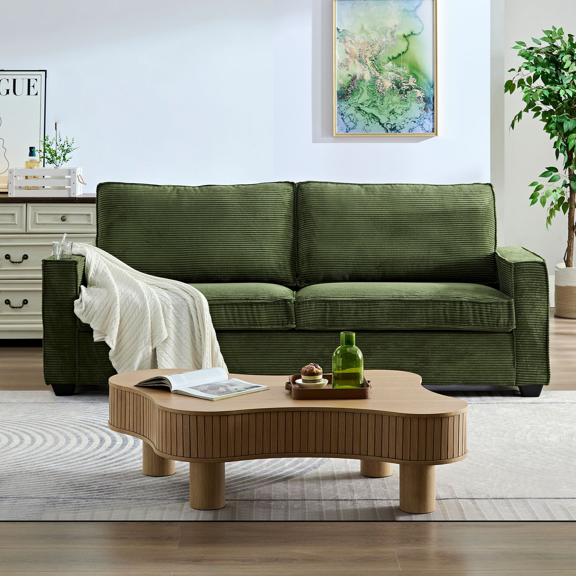 Corduroy Sofa, 87.4 Inch Modern Design Sofa With Cup Holder And Storage Bags, Deep Seat Sofa Couch,Comfy Couch For Living Room,Apartment,Green Green Corduroy 3 Seat