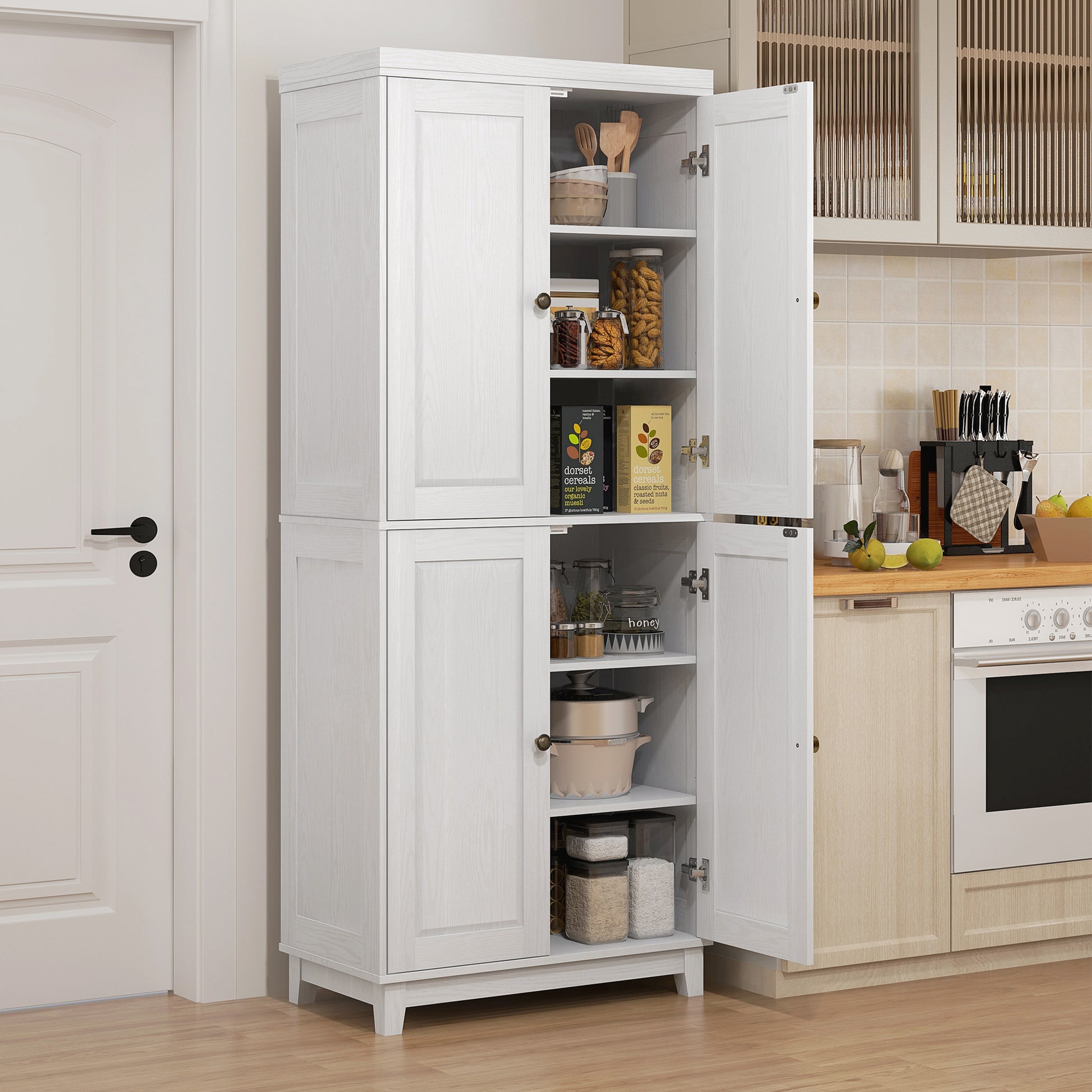 Homcom 72.5" Tall Kitchen Pantry Storage Cabinet, Freestanding Kitchen Cupboard With 4 Soft Close Doors And Adjustable Shelves For Dining Room, Distressed White White Mdf