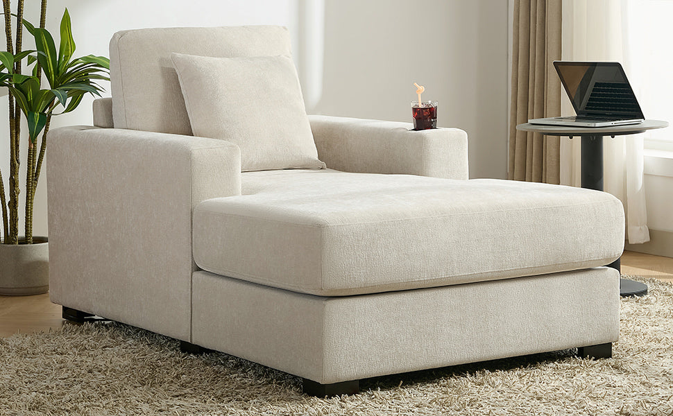 39.7" Oversized Chaise Lounger Modern Style Sofa Couch ,With Pillows, Charge Station & Cup Holders, Chenille Fabric, Cream Cream Chenille