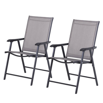 Outsunny Set Of 2 Patio Folding Chairs, Stackable Outdoor Sling Patio Dining Chairs With Armrests For Lawn, Camping, Dining, Beach, Metal Frame, No Assembly, Gray Gray Fabric Metal