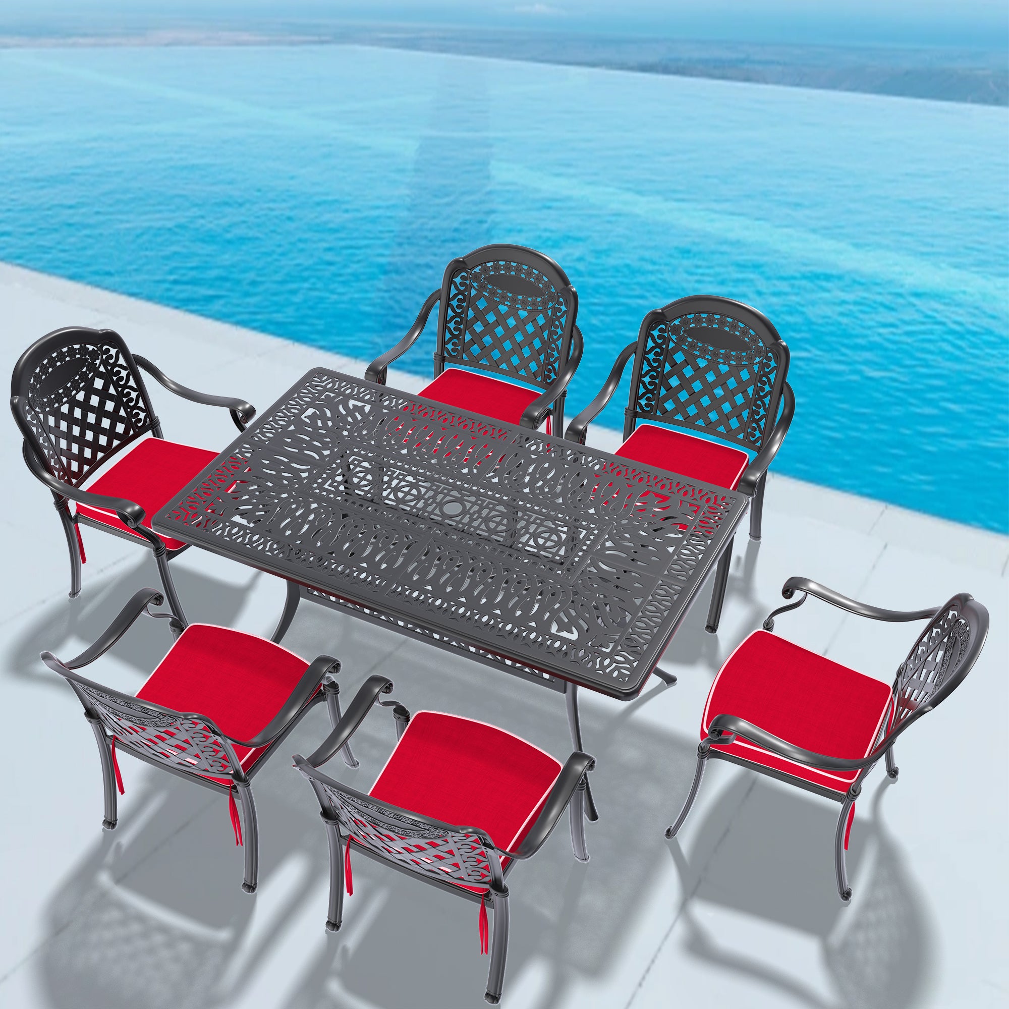 Cushions In Random Colors 7 Piece Set Of Cast Aluminum Patio Furniture With Cushions Yes Dining Set Black Seats 6 Rust Resistant Frame Water Resistant Cushion Garden & Outdoor Complete Patio Sets Aluminium