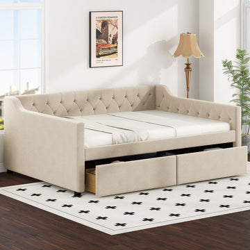 Full Size Upholstered Tufted Daybed With 2 Drawers, Beige Box Spring Not Required Full Beige Wood Daybeds Velvet Upholstered