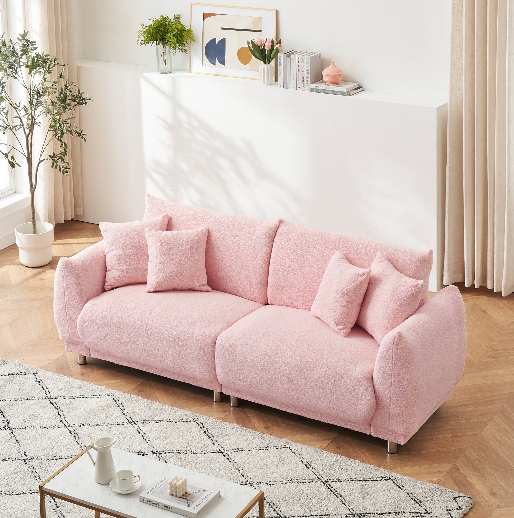 The 86.6 Inch Teddy Fleece Pink Sofa With Four Throw Pillows And Hardware Feet Can Sit Comfortably In An Apartment Bedroom Without Taking Up Space Pink Fabric 2 Seat