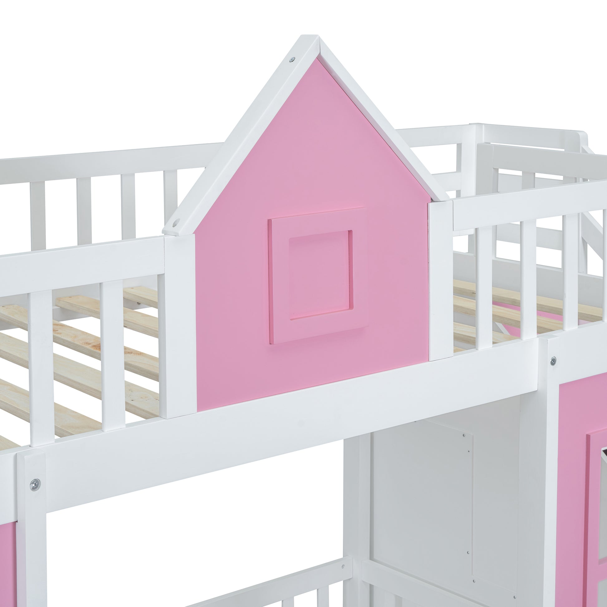 Twin Over Twin Bunk Bed With Changeable Table, Bunk Bed Turn Into Upper Bed And Down Desk Pink Twin Pink Solid Wood
