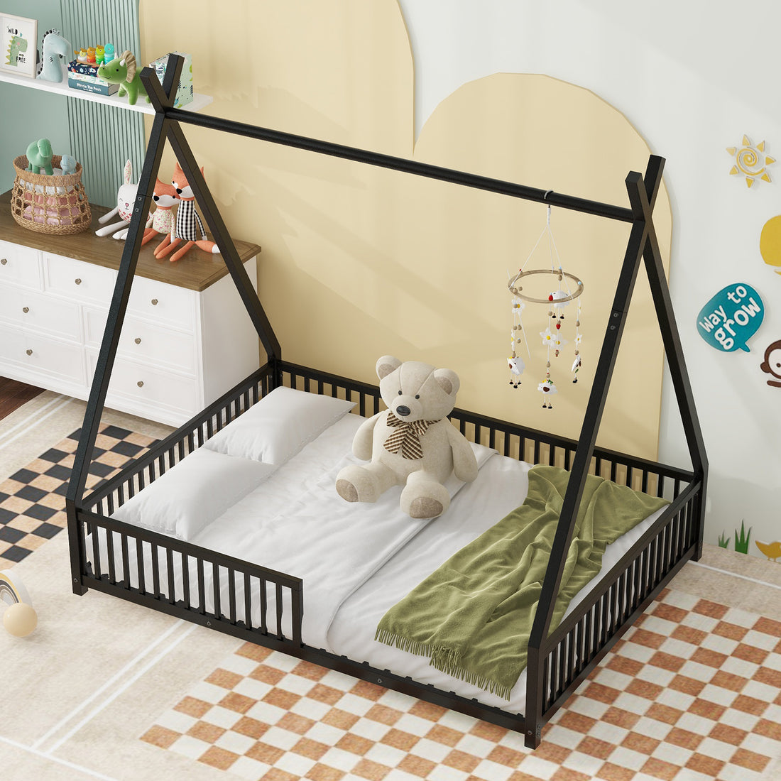 Metal Full Size House Platform Bed With Triangle Structure And Guardrail, Black Box Spring Not Required Full Black Metal Metal