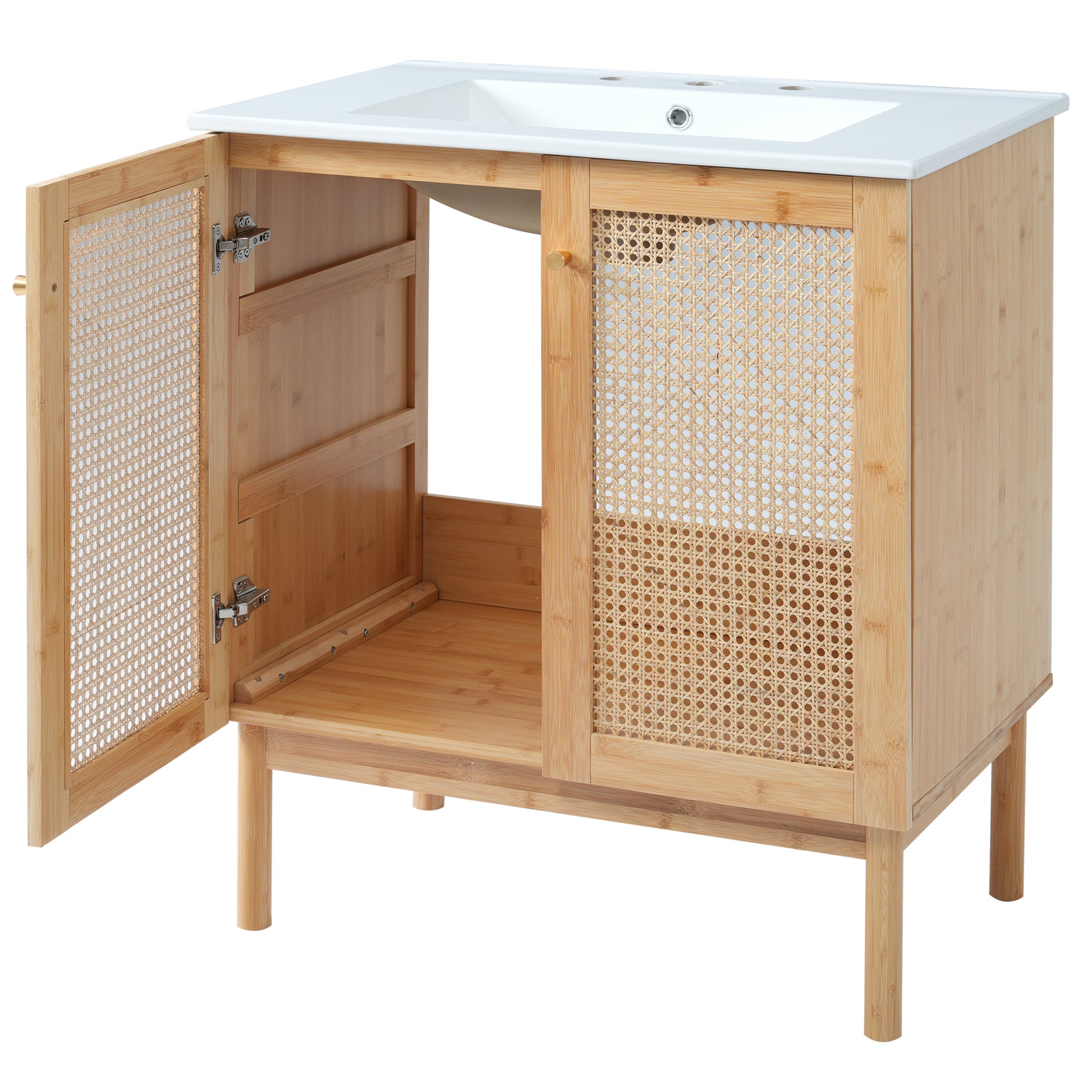 30 Inch Bathroom Vanity Crafted From Natural Materials, Featuring Handmade Rattan Doors And Soft Closing Mechanisms Wood Wood Rattan