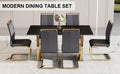 Table And Chair Set,Modern Rectangular Table With 0.4 Inch Black Patterned Tabletop And Gold Legs, Suitable For Kitchen, Dining Room, And Living Roomcomfortable Pu Seats,Perfect For Dinner, Meet Grey Black Seats 6 Sintered Stone