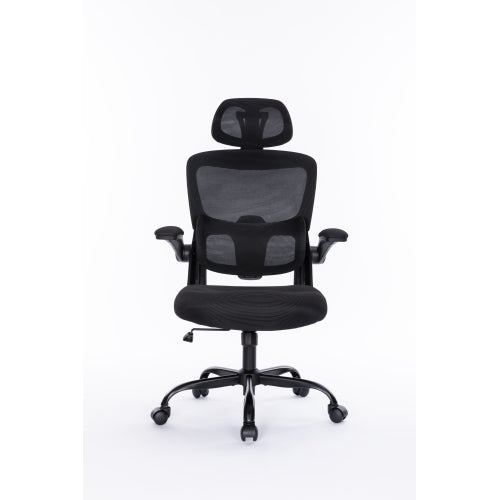 Ergonomic Mesh Office Chair With 3D Adjustable Lumbar Support, High Back Desk Chair With Flip Up Arms, Executive Computer Chair Home Office Task Swivel Rolling Chairs For Adults Cushion Metal Solid Black Office Sponge Dry Clean Round Handle Office Chairs