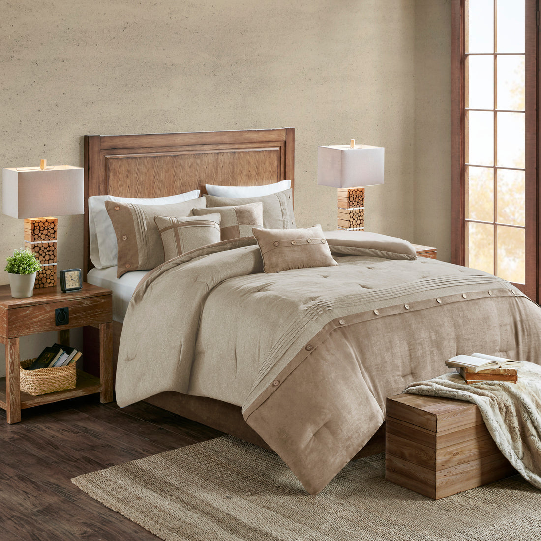 7 Piece Faux Suede Comforter Set Tan Cal King California King Tan Polyester