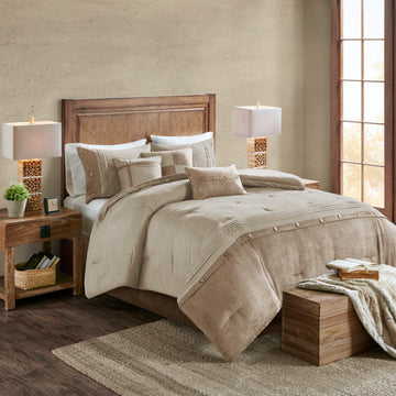 7 Piece Faux Suede Comforter Set Tan Cal King California King Tan Polyester