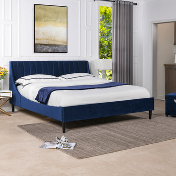 Aspen Vertical Tufted Headboard Platform Bed Set, King, Navy Blue Velvet Box Spring Not Required King Navy Blue Wood Foam Velvet Velvet