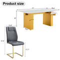 Table And Chair Set.Large Modern Rectangular Table With 0.4 Inch Patterned Glass Tabletop And Large Mdf Table Legs.Comes With 8 Chairs With Faux Leather Cushioned Seats And Golden Metal Legs. Gold White Seats 8 Mdf Glass