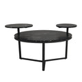 Modern Coffee Table With Two Display Shelves, Black Faux Marble Surfaces, Tripod Inspired Base,Rounded Tabletop Edges Matte Black Mdf