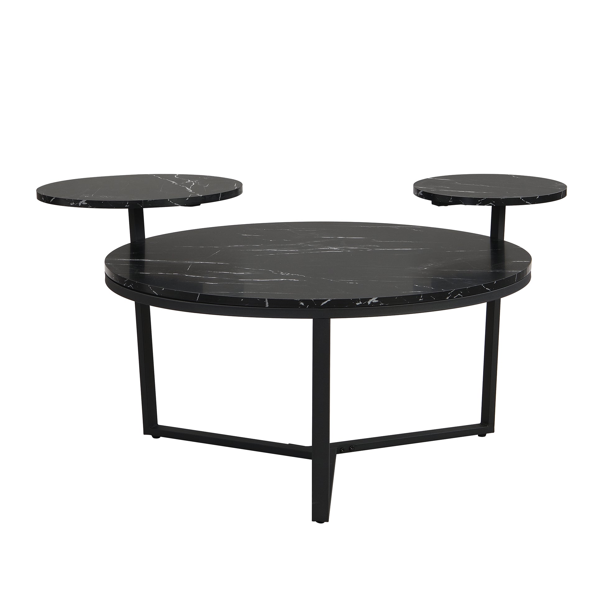 Modern Coffee Table With Two Display Shelves, Black Faux Marble Surfaces, Tripod Inspired Base,Rounded Tabletop Edges Matte Black Mdf
