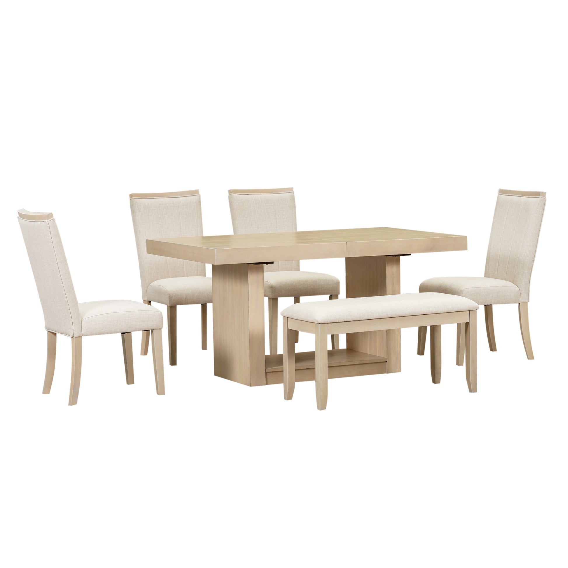 Contemporary 6 Piece 78Inch Extendable Pedestal Dining Table Set With 18Inch Removable Leaf And Dining Bench, 4 Upholstered Dining Chairs, Natural Wood Dining Room Solid Wood Rubberwood Rectangular Dining Table With Chair And Bench Upholstered Chair Wood