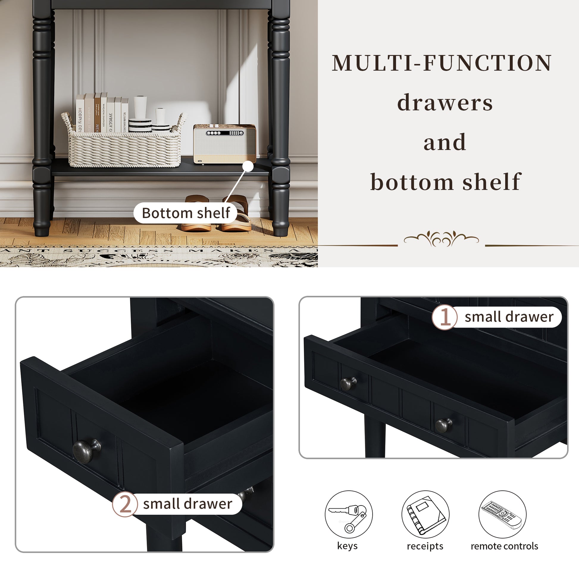 Narrow Console Table, Slim Sofa Table With Three Storage Drawers And Bottom Shelf Black Black Solid Wood Mdf