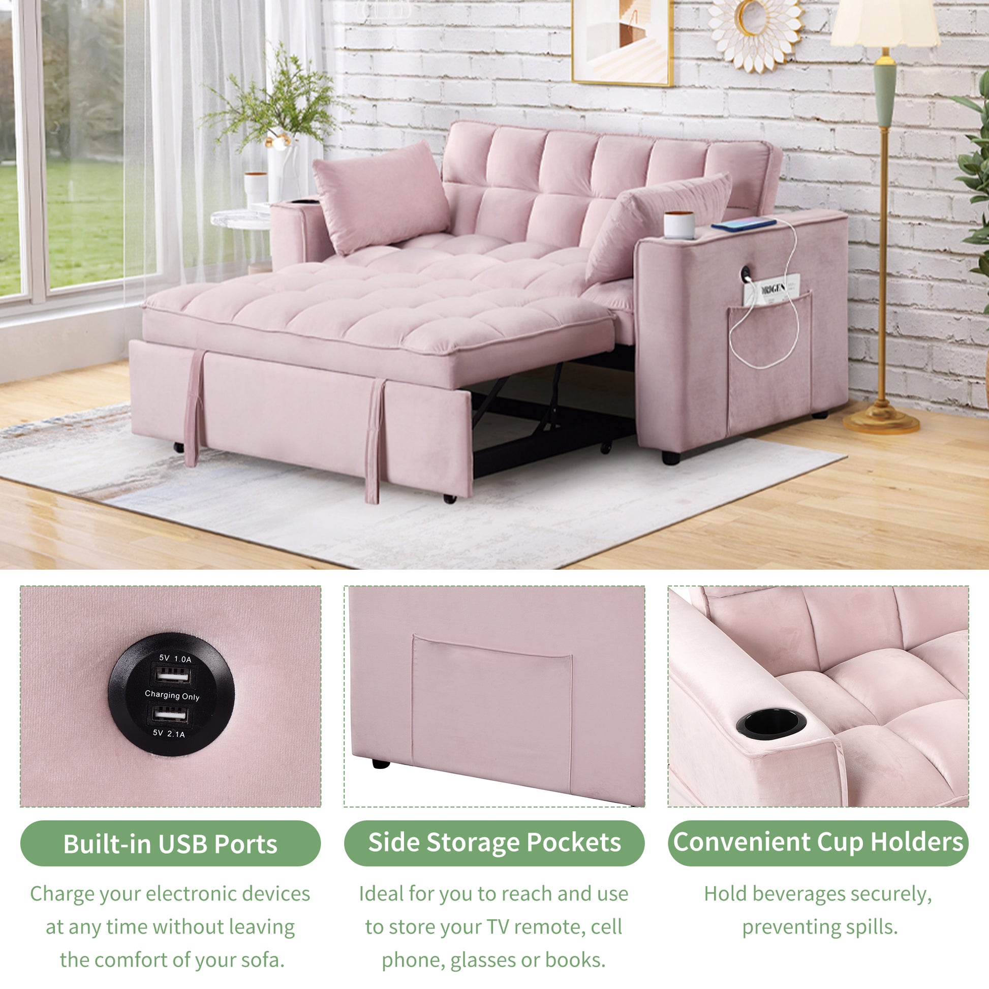 58" 4 1 Multi Functional Sofa Bed With Cup Holder And Usb Port For Living Room Or Apartments Pink Pink Foam 2 Seat