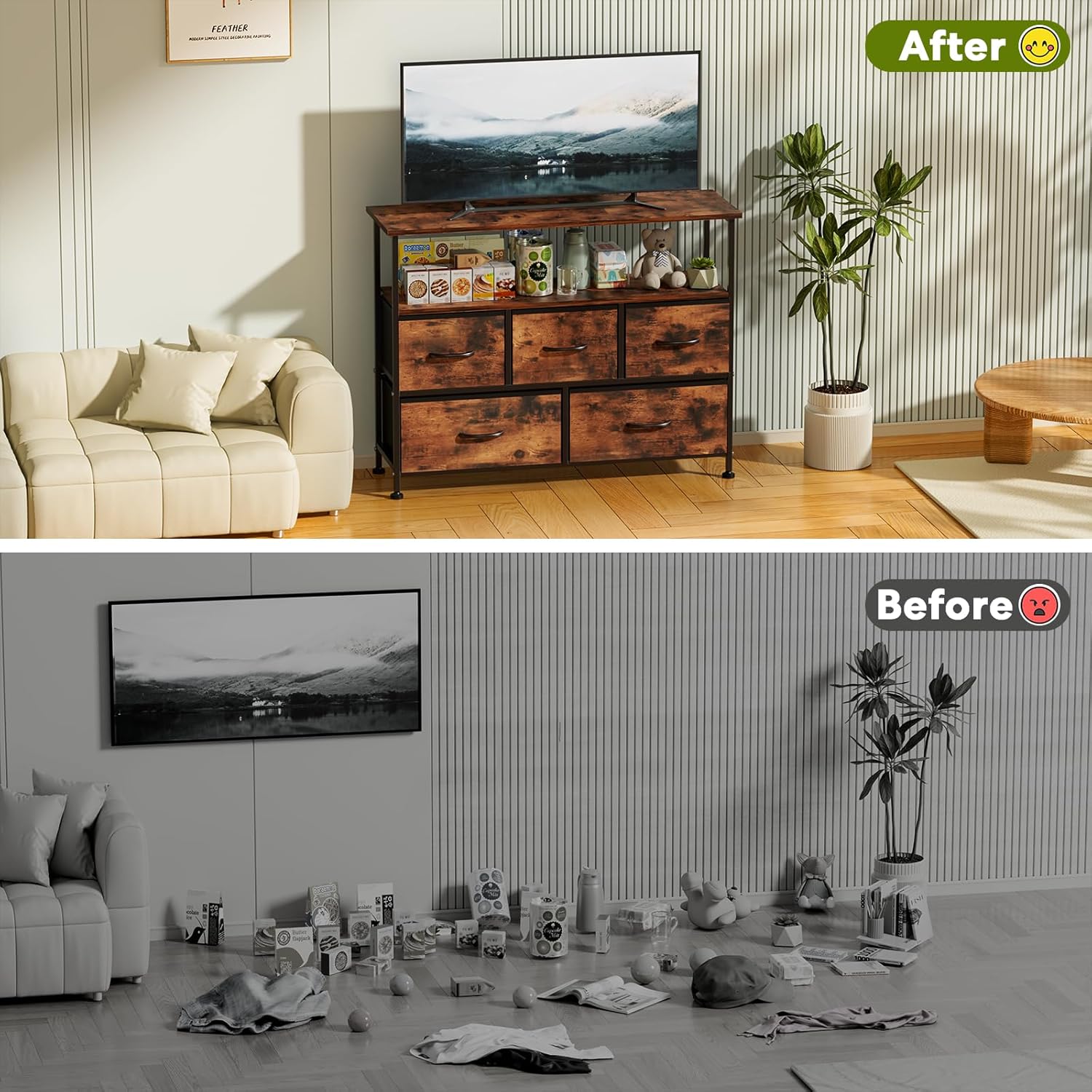 Tv Stand Dresser For Bedroom Entertainment Center With 5 Fabric Drawers, Storage Organizers Units For Living Room, Media Console Table With Open Shelf Up For 45" Tv, Rust, Wood Top Rust 39 Inches Or