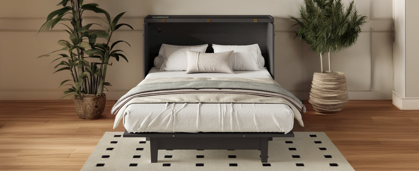 Solid Pine Murphy Bed Chest Cube Cabinet Bed With Charging Station And Large Storage Drawer For Home Office Or Small Room,Full,Gray Box Spring Not Required Full Gray Wood Gray Pine Murphy Solid Wood Mdf