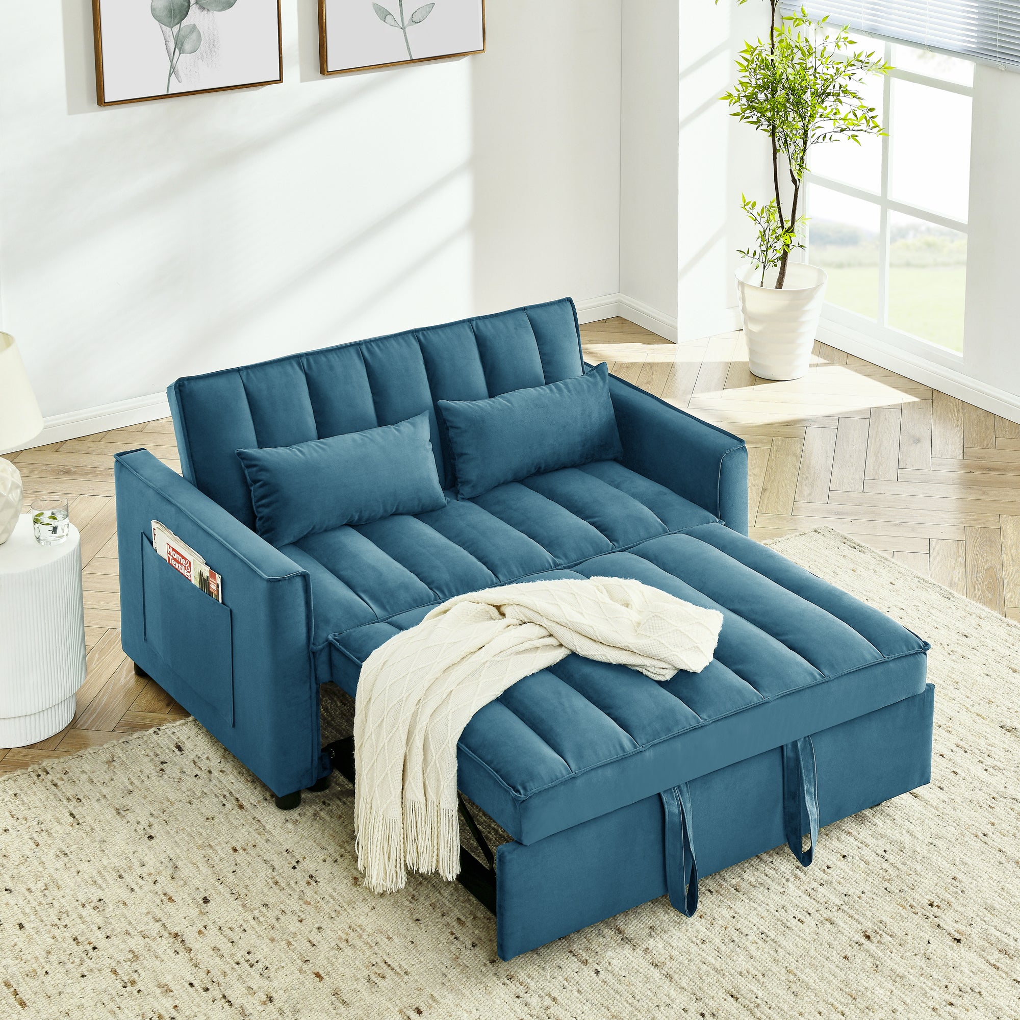 Modern Velvet Seat Sofa Couch Pull Out Bed,3 In One Convertible For Living Room Sofa Bed,Blue Blue Velvet Primary Living Space Cushion Back Medium Soft Medium Duty American Design Pillow Top Arms Foam Velvet 2 Seat
