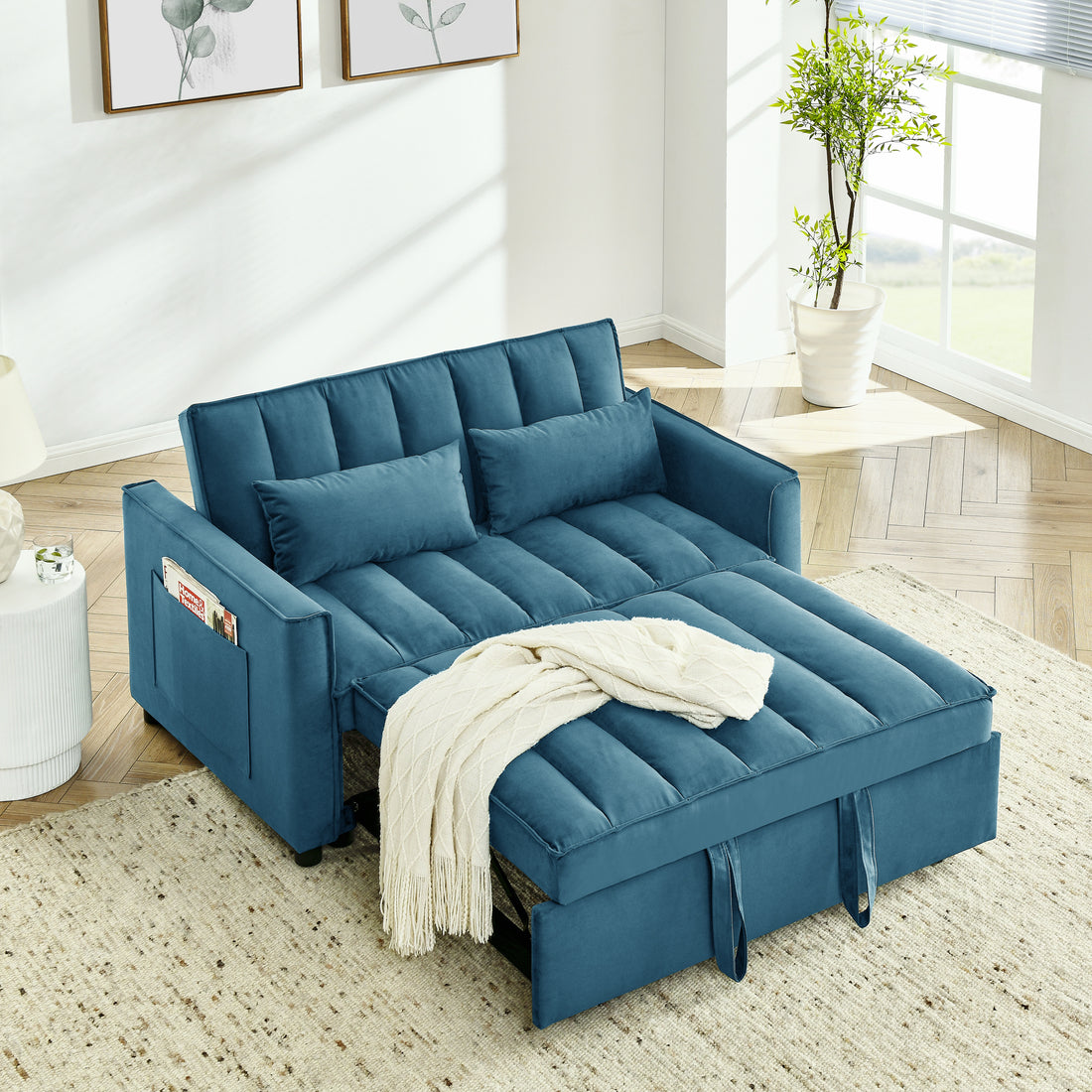 Modern Velvet Seat Sofa Couch Pull Out Bed,3 In One Convertible For Living Room Sofa Bed,Blue Blue Velvet Primary Living Space Cushion Back Medium Soft Medium Duty American Design Pillow Top Arms Foam Velvet 2 Seat