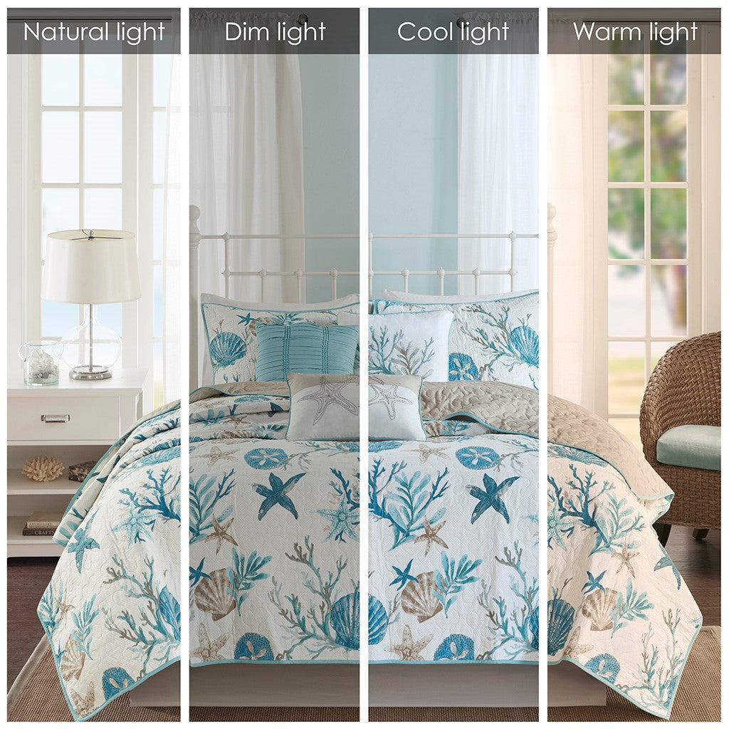 6 Piece Cotton Sateen Quilt Set With Throw Pillows Aqua King Cal King King Aqua Cotton