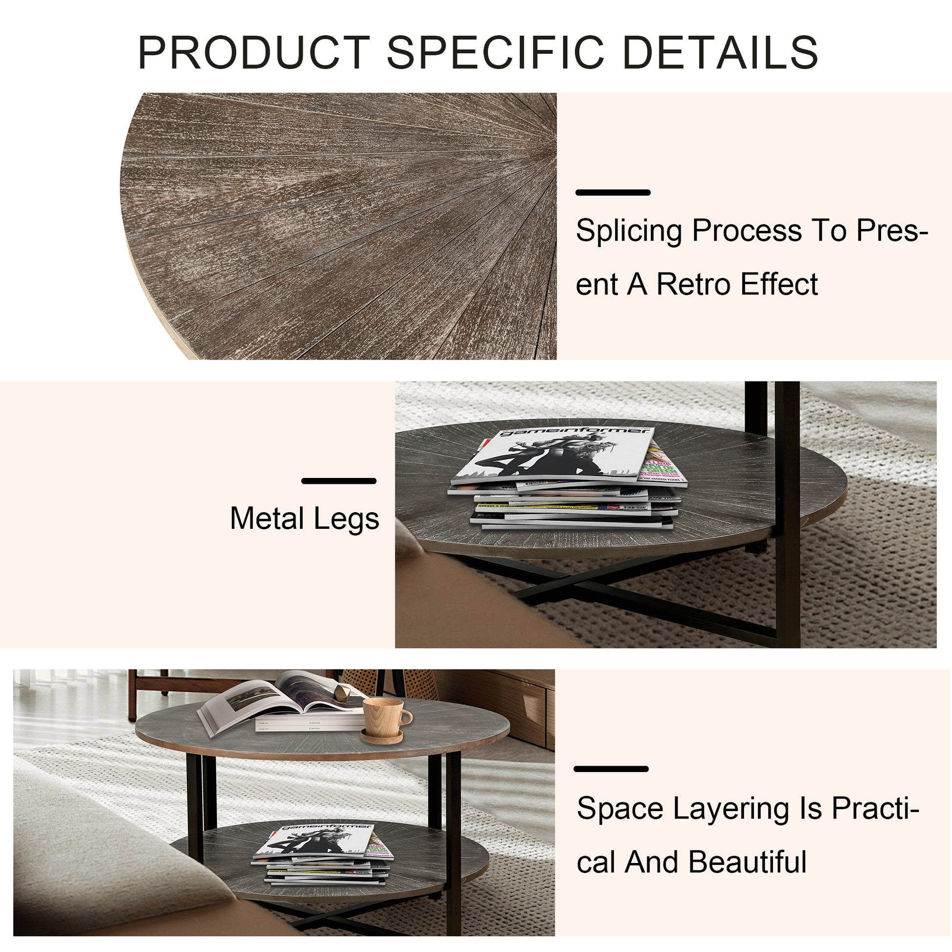 31.5"D X 31.5''W X 18.3''H Round Coffee Table With 2 Tier Storage, Farmhouse Living Room Cocktail Table With Black Metal Leg,Patchwork Desktop Effect Easy Assembly Antique Brown Antique Brown Brown Primary Living Space Antique Floor Mount Round Open