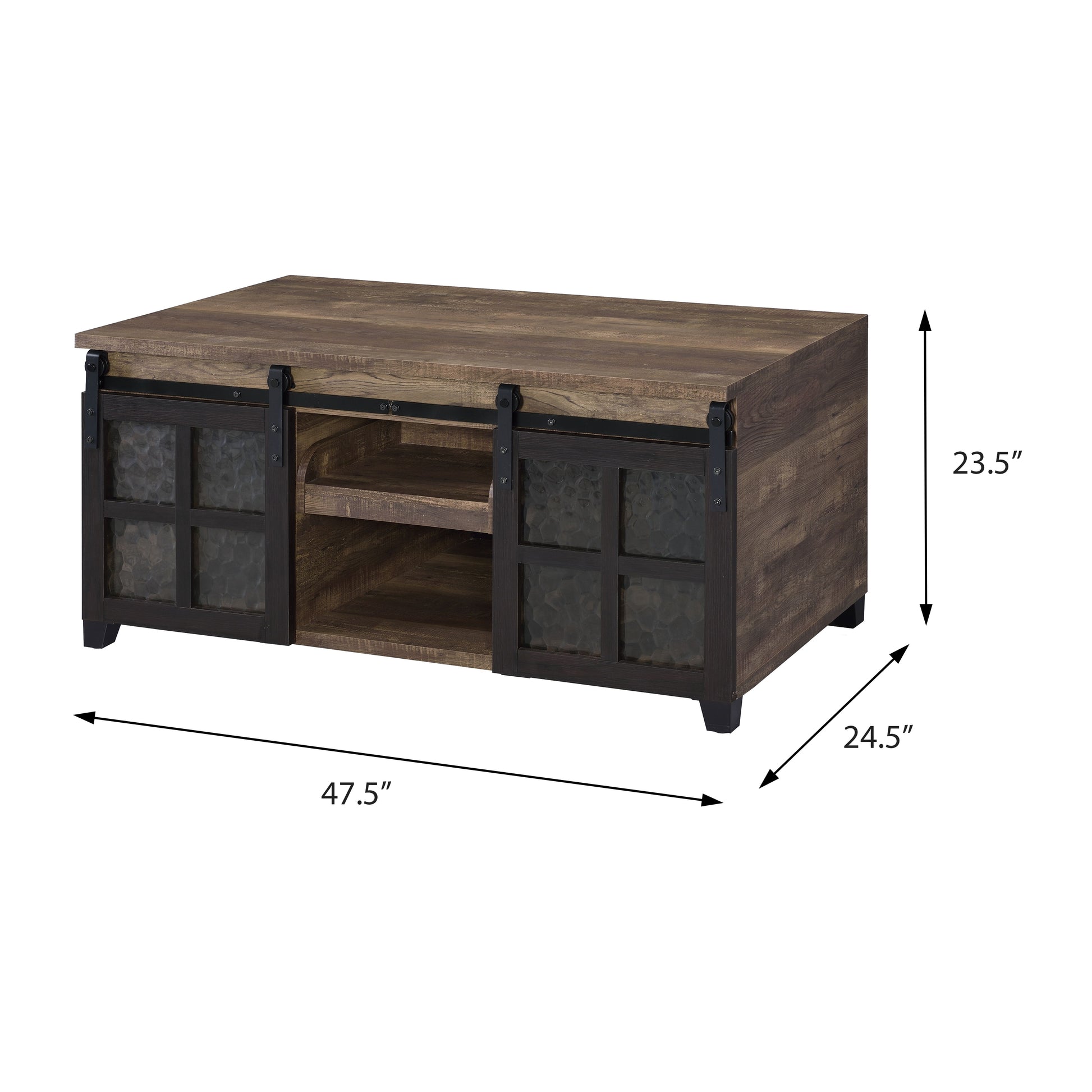 Rustic Oak And Black Coffee Table With Sliding Doors Rustic Primary Living Space Oak Rectangular Wood Metal