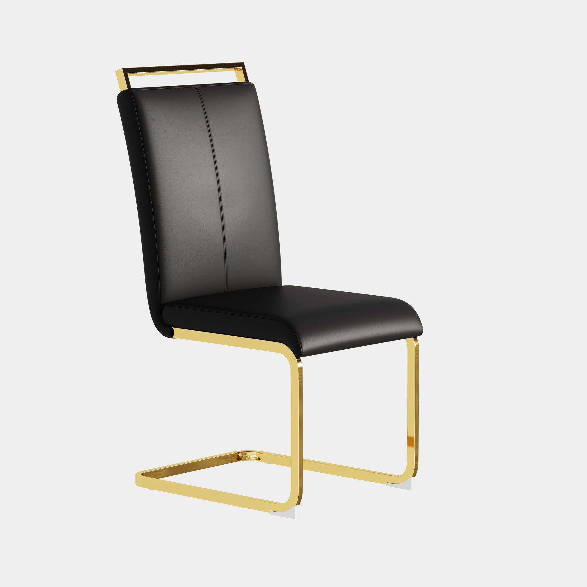 A Set Of 4 Artificial Leather Dining Chairs, Featuring An Arched Chair Design And Paired With Stainless Steel Legs. Black Gold Pu Leather