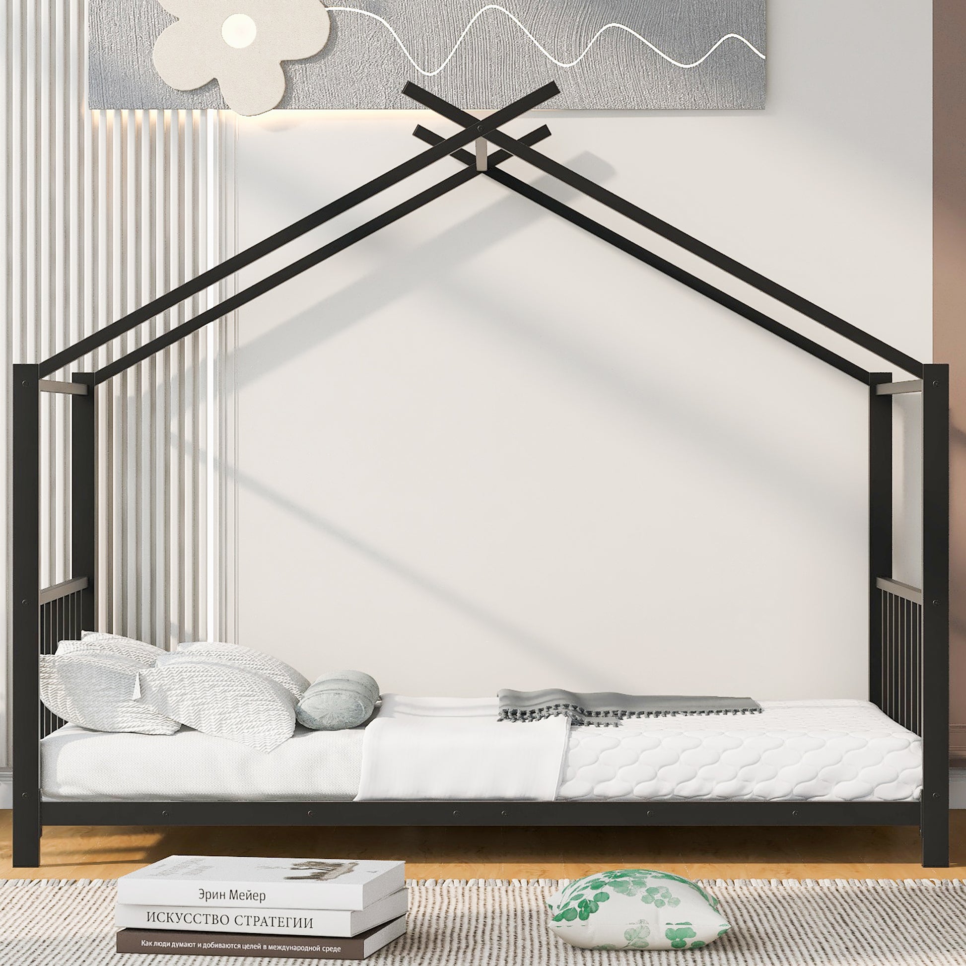 Twin Size Metal House Platform Bed, Black Box Spring Not Required Twin Black Metal Bedroom Bed Frame Metal