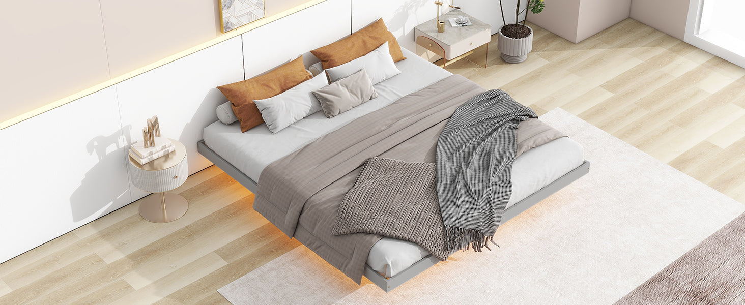 King Size Floating Bed With Led Lights Underneath,Modern King Size Low Profile Platform Bed With Led Lights,Grey King Grey Wood Bedroom American Design Pine Bed Frame Pine