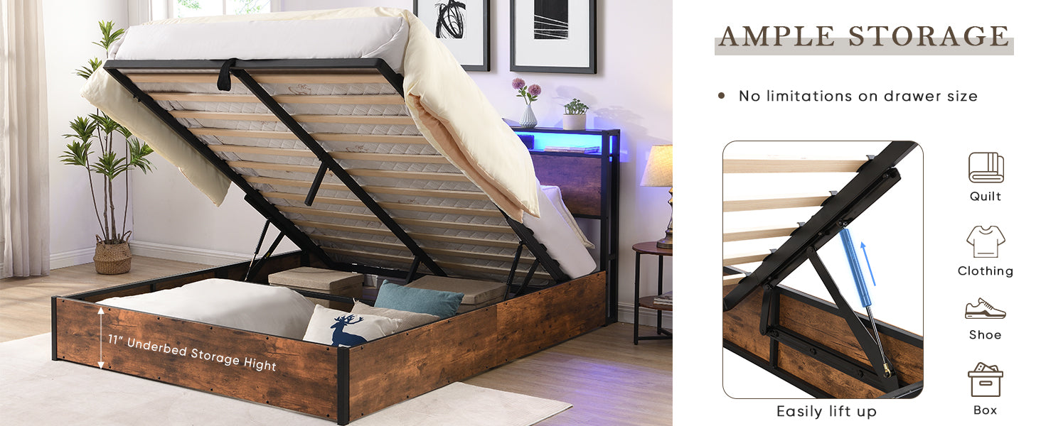 Lift Up Storage Bed Frame, Queen Size Bed Frame With Bookcase Headboard & Led Lights, Wooden Platform Bed Frame With Charging Station, No Spring Box Needed, Rustic Brown Box Spring Not Required Queen Rustic Brown Metal Brown Bedroom Industrial Bed Frame