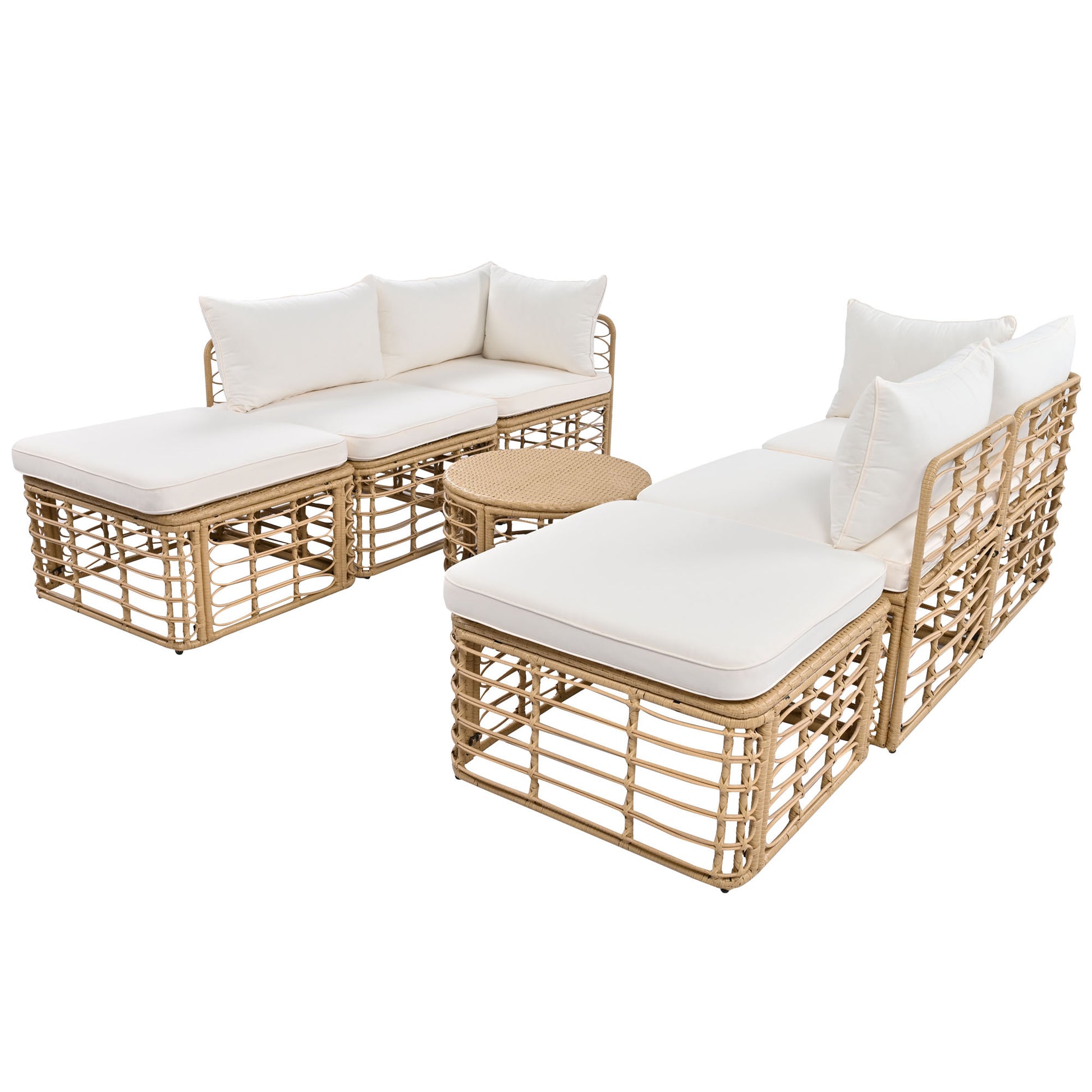 7 Pieces Outdoor Patio Furniture, All Weather Rattan Sectional Sofa Set With Thick Cushions And Pillows, Freely Combined Conversation Sets For Garden, Backyard, Balcony, Beige Yes Complete Patio Set Beige Seats 6 Garden & Outdoor Complete Patio Sets Foam