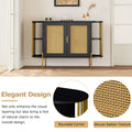 2 Door Elegant Curved Dining Cabinet With Gold Trim And Woven Rattan Doors For Dining Room Black Black Particle Board