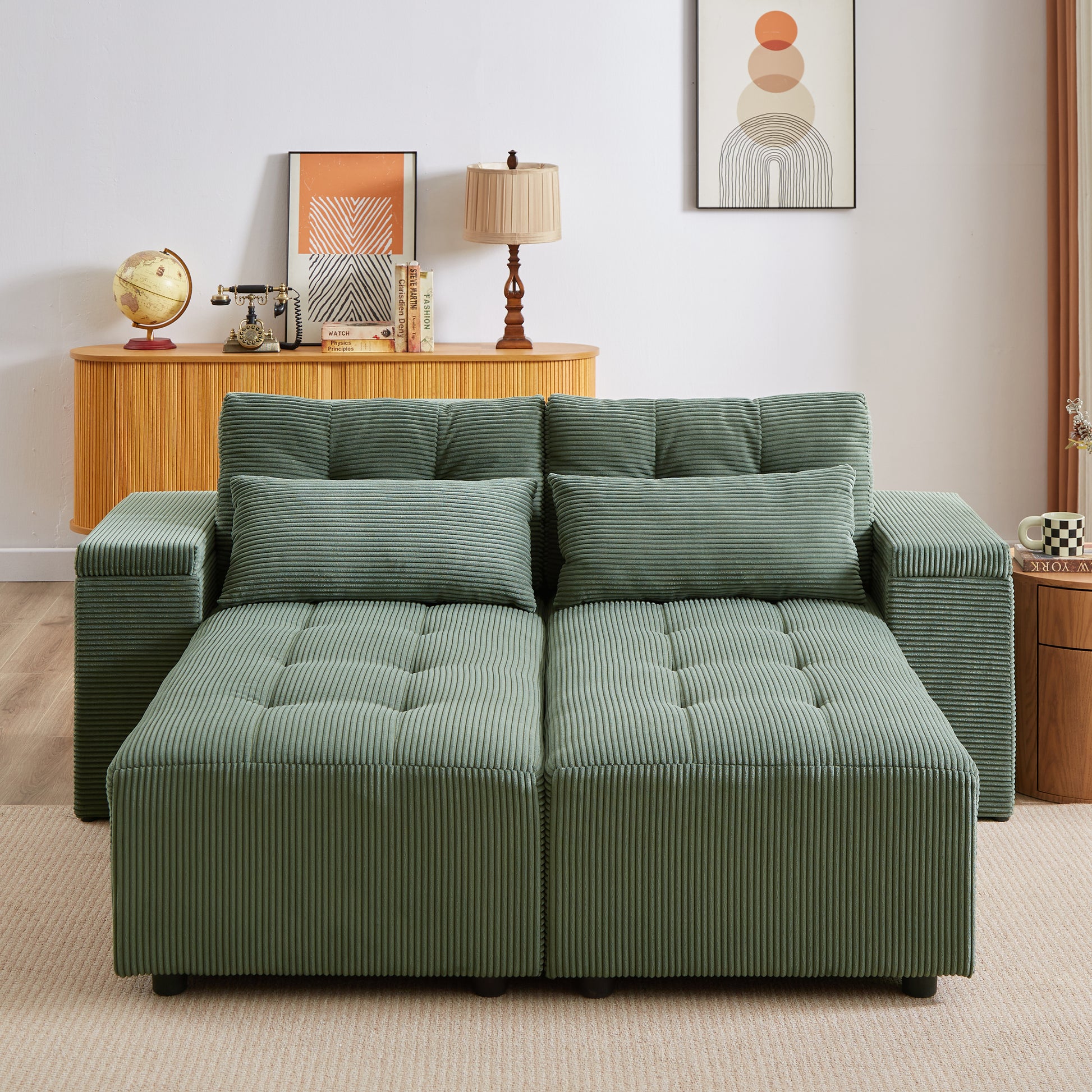 Convertible 3 In 1 Sleeper Sofa And Sectional Sofa With 4 Storage Space For Living Room,Corduroy Couch With 4 Pillows,Corduroy Army Green Corduroy 3 Seat