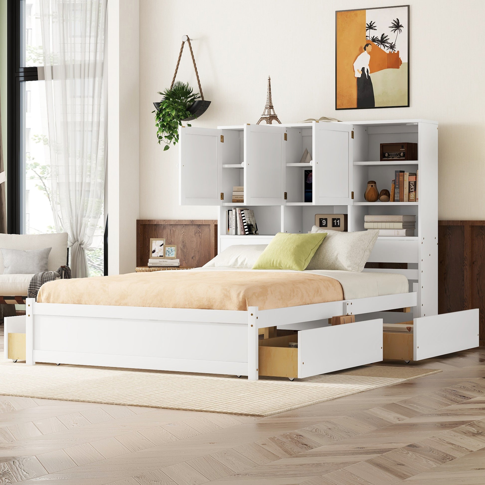 Queen Size Platform Bed With Storage Headboard And 4 Drawers, White Box Spring Not Required Queen White Wood Bedroom Bed Frame Solid Wood Mdf