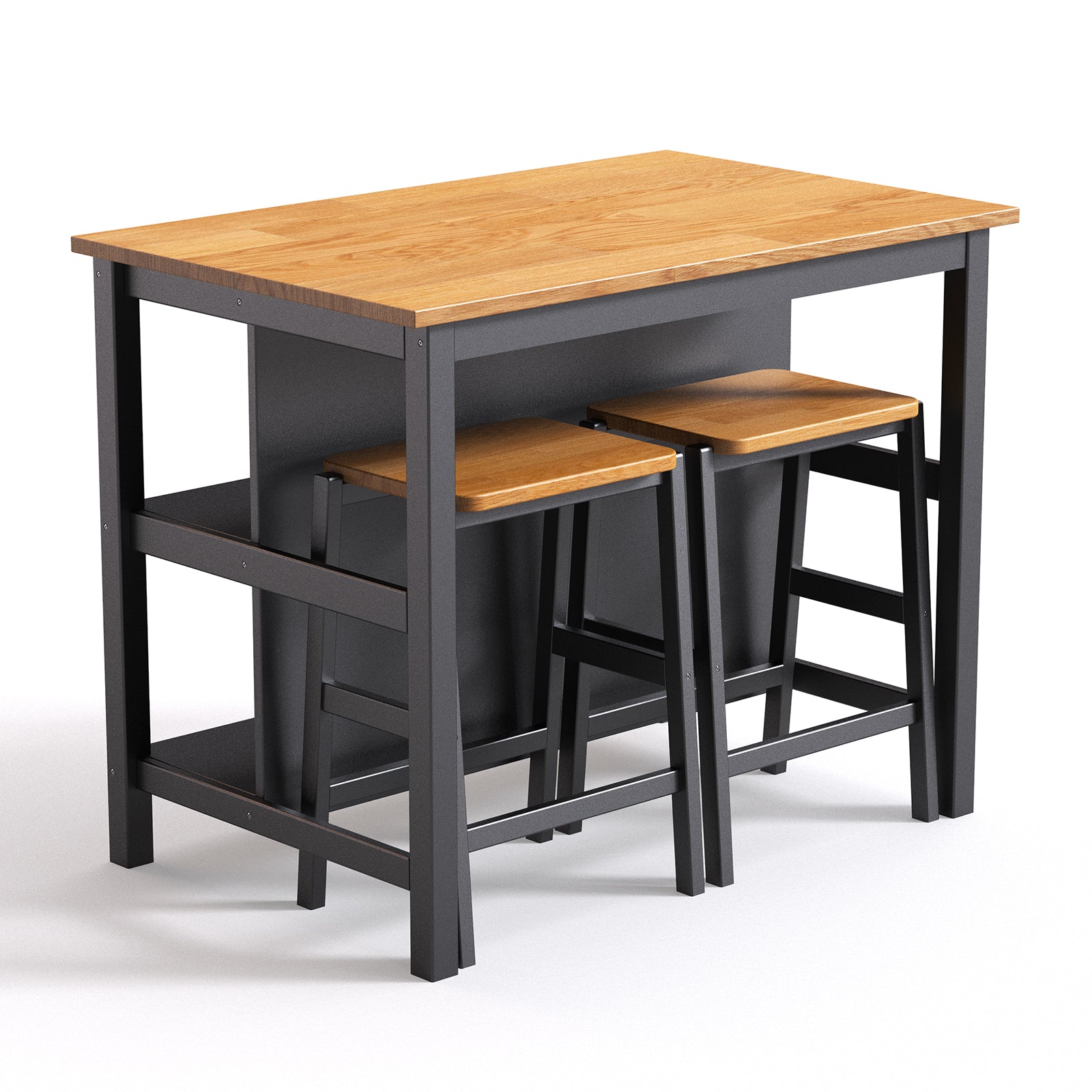 3 Pcs Dining Table Set Rustic Retro Breakfast Table Dining Stools Rubberwood For 2 With Two Open Shelves For Small Space Kitchen Dining Room W69165661 Black Rubber Wood