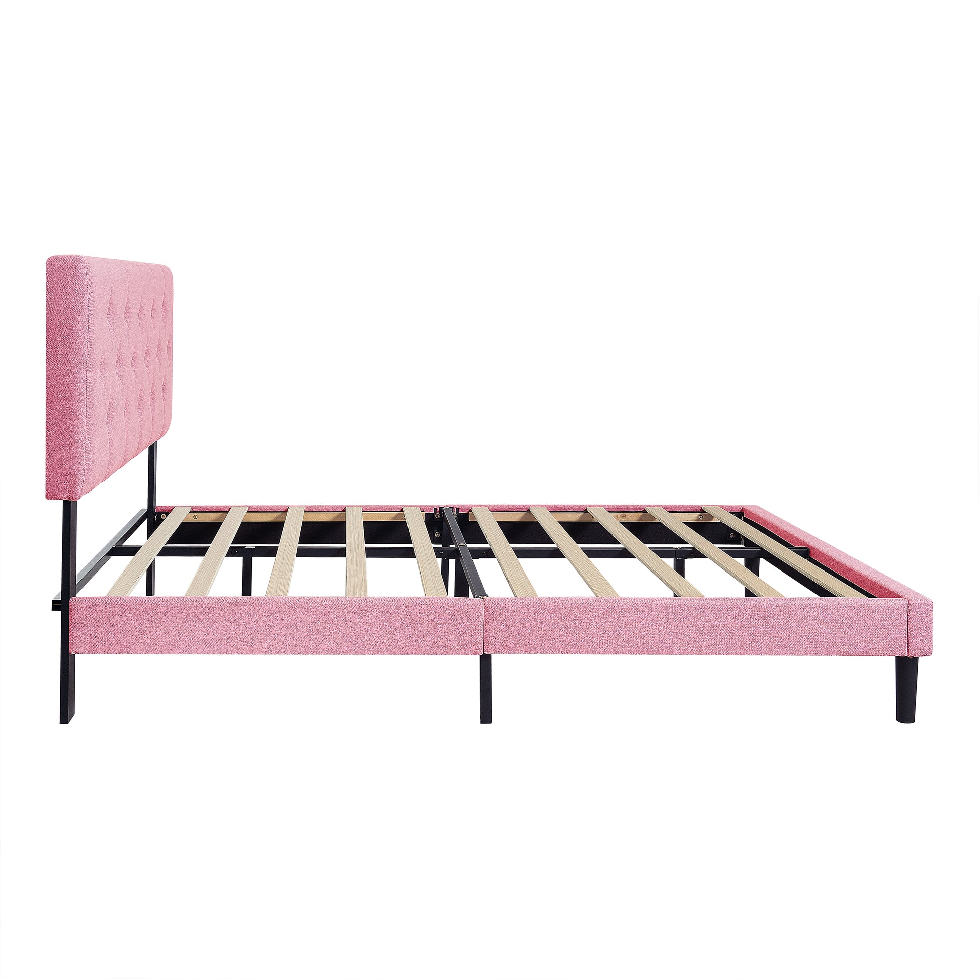 Full Size Upholstered Platform Bed Frame With Modern Button Tufted Linen Fabric Headboard, No Box Spring Needed, Wood Slat Support, Easy Assembly, Pink Full Pink Linen