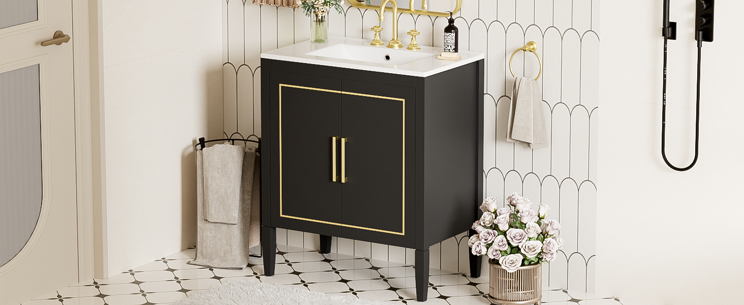 30 Inch Bathroom Vanity With Ceramic Basin, Soft Close Door, Built In Hidden Drawer Black Bathroom Solid Wood Mdf