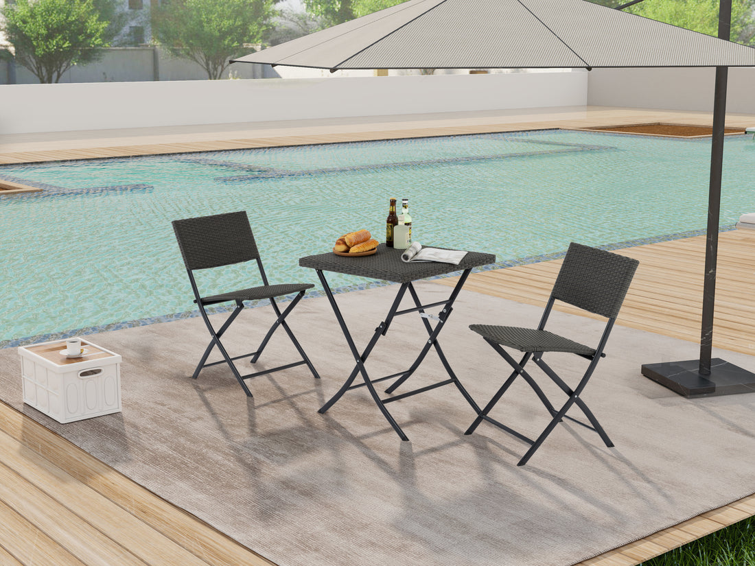 Rattan Patio Bistro Set, 3 Piece Foldable Outdoor Patio Furniture Sets, With Folding Table And Two Chairs, For Garden, Backyard, Pool, Lawn, Porch, Balcony, All Weather Rattan Style Gray Pe Rattan