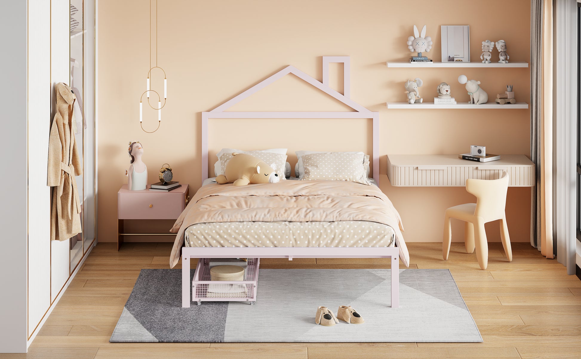 Full Size Metal Platform Bed With Two Drawers,House Shaped Headboard Design, Pink Full Pink Metal