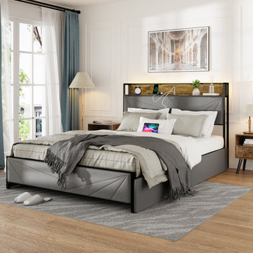 Queen Size Bed Frame With 4 Storage Drawers And 2 Usb Ports, Upholstered Platform Bed Frame With Storage Headboard Charging Station And Metal Slat Support, No Box Spring Needed, Dark Grey. Box Spring Not Required Queen Dark Grey Metal Bedroom Bed Frame