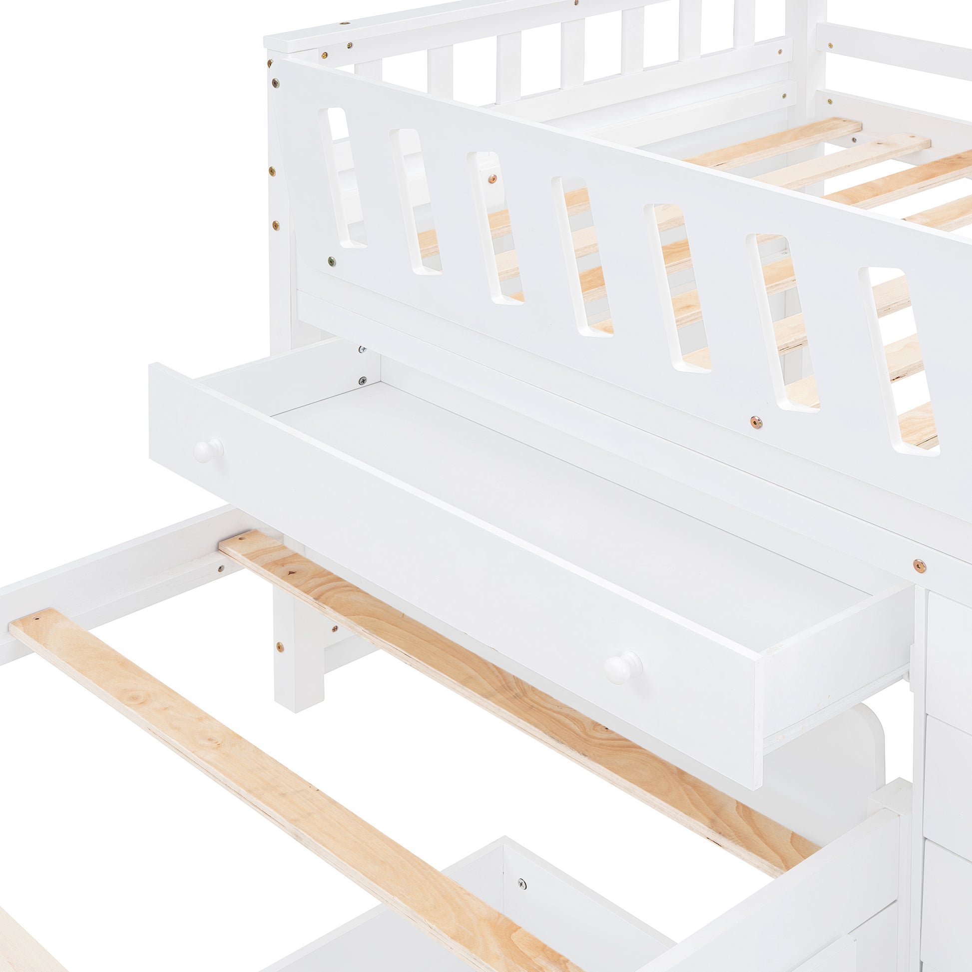 L Shaped Space Saving Twin Loft And Twin Platform Bed With 7 Drawers And Full Guardrails White Twin White Solid Wood