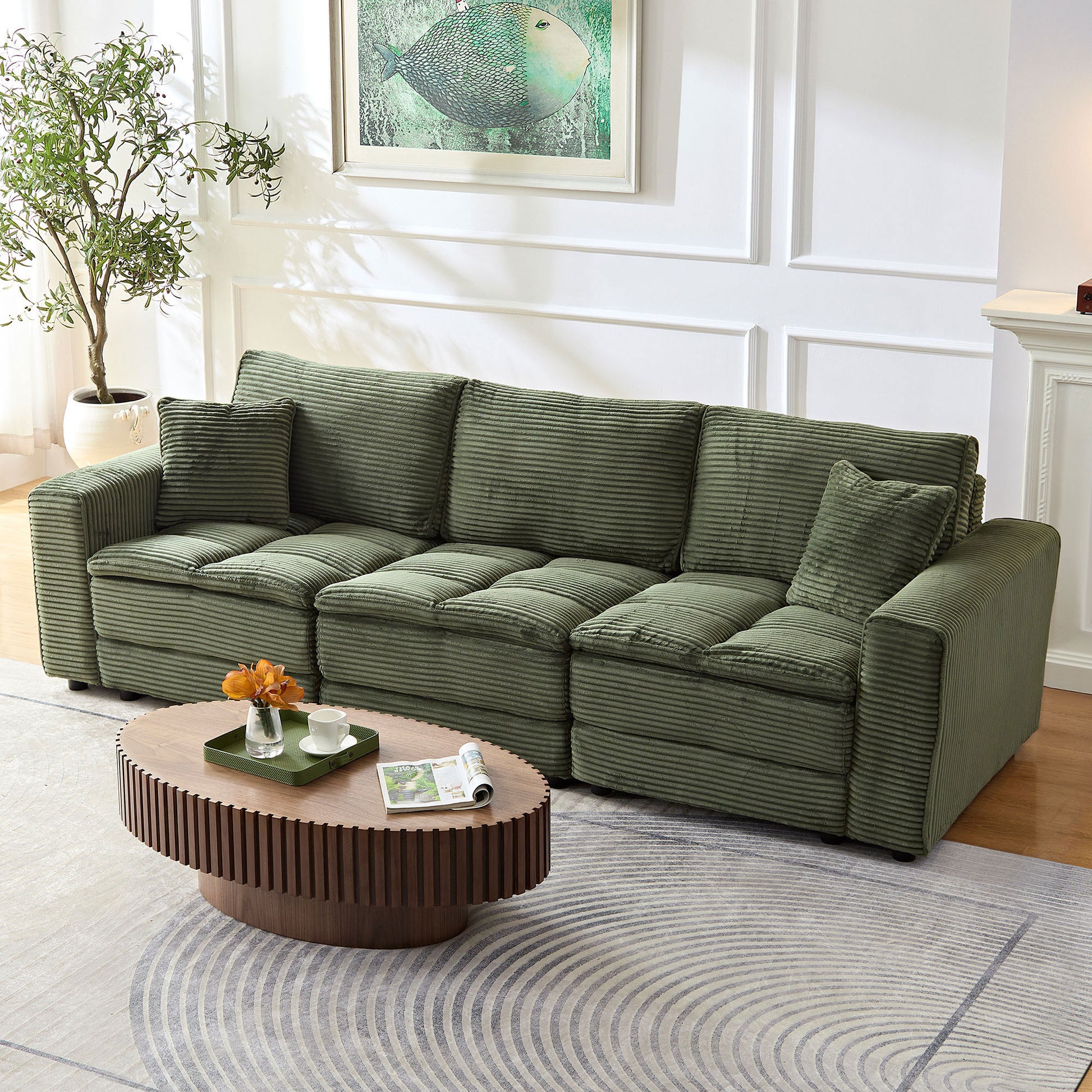 4 Seats Complimentary 2 Pillows ,Oversized Sectional Sofa,L Shaped Corner Couch With Detachable Seat & Back Cushion, Corduroy Upholstery Convertible Sleeper Sofa&Couch For Living Room Green Fabric 4 Seat