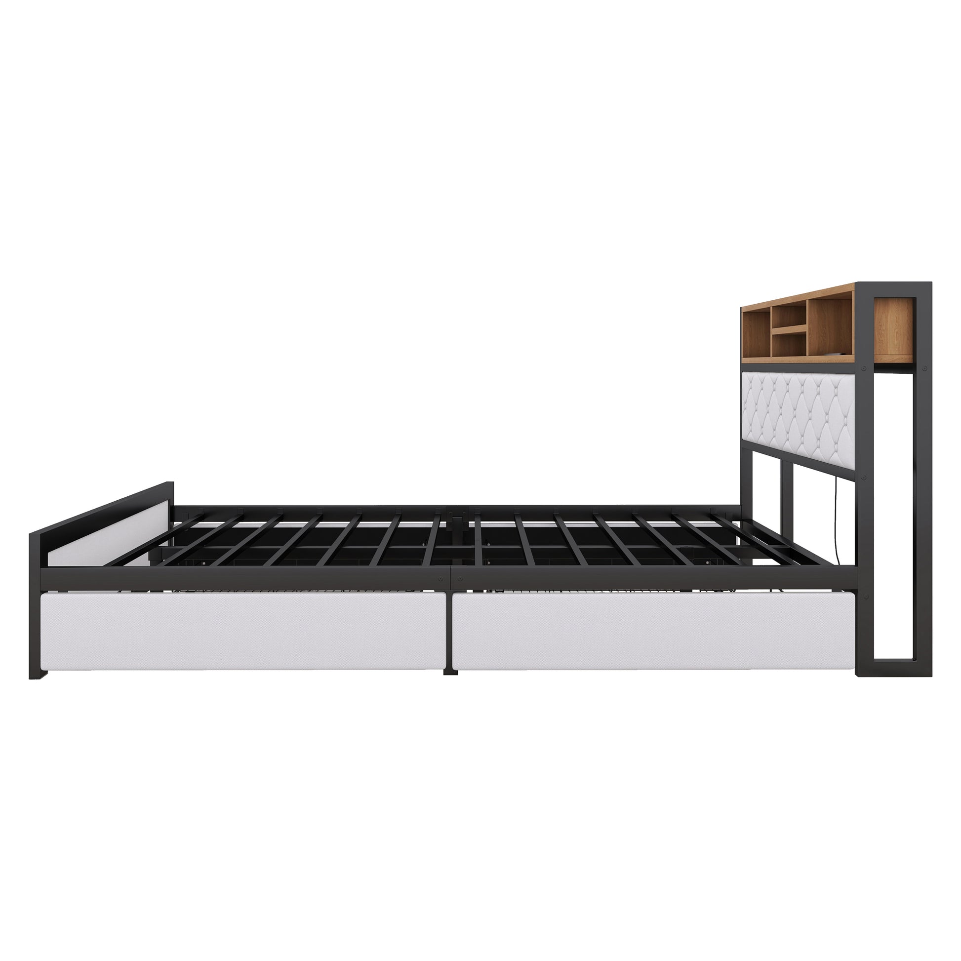 Metal Full Size Platform Bed With 4 Drawers, Upholstered Headboard And Footboard, Sockets And Usb Ports, White Full White Black Fabric Metal