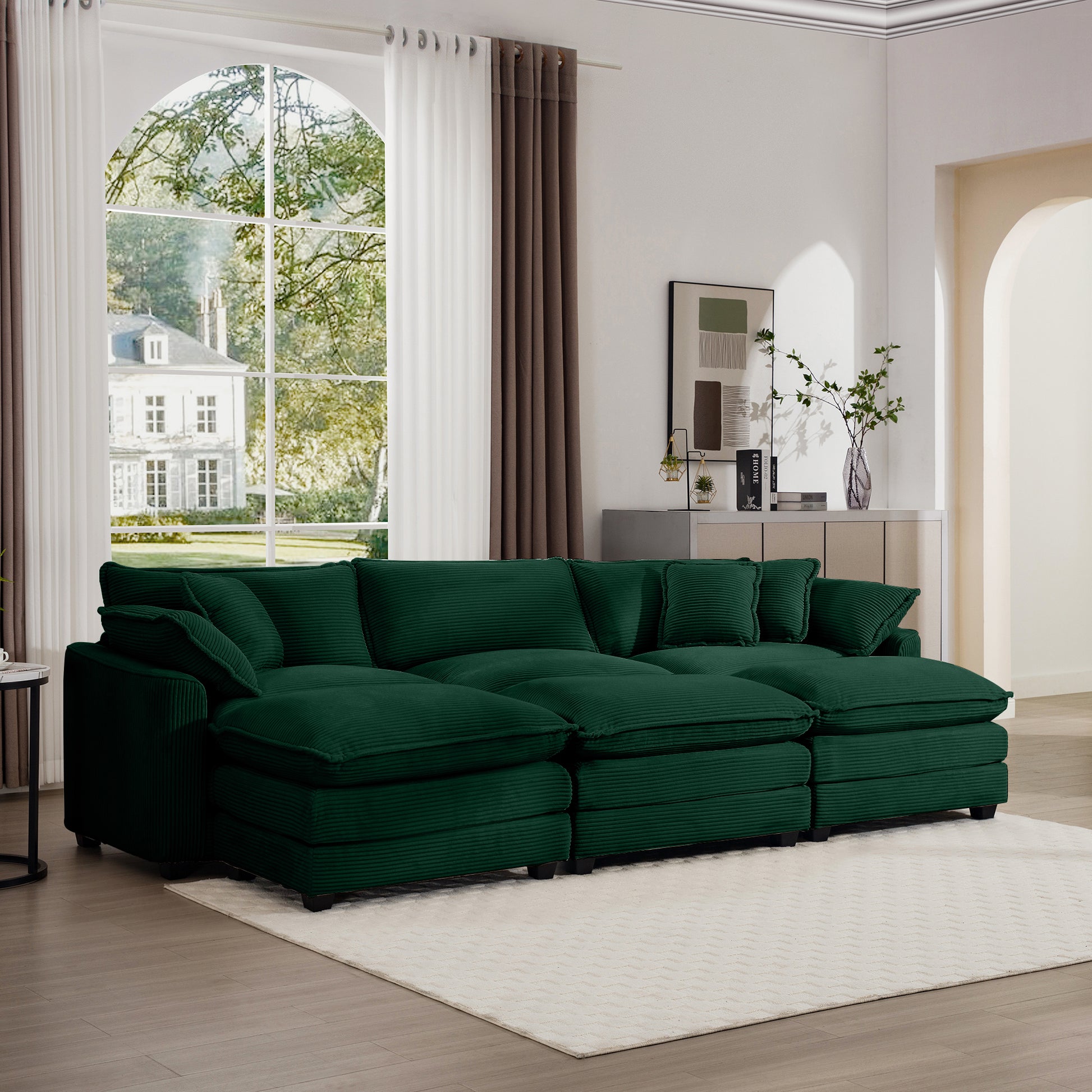 Oversized Modular Cushion Sofa, Portable Ottoman, L Shaped Corner Low Back Deep Seating Spacious Sofa Setfor Home Apartment Living Room Set, Green Corduroy Green Corduroy 3 Seat