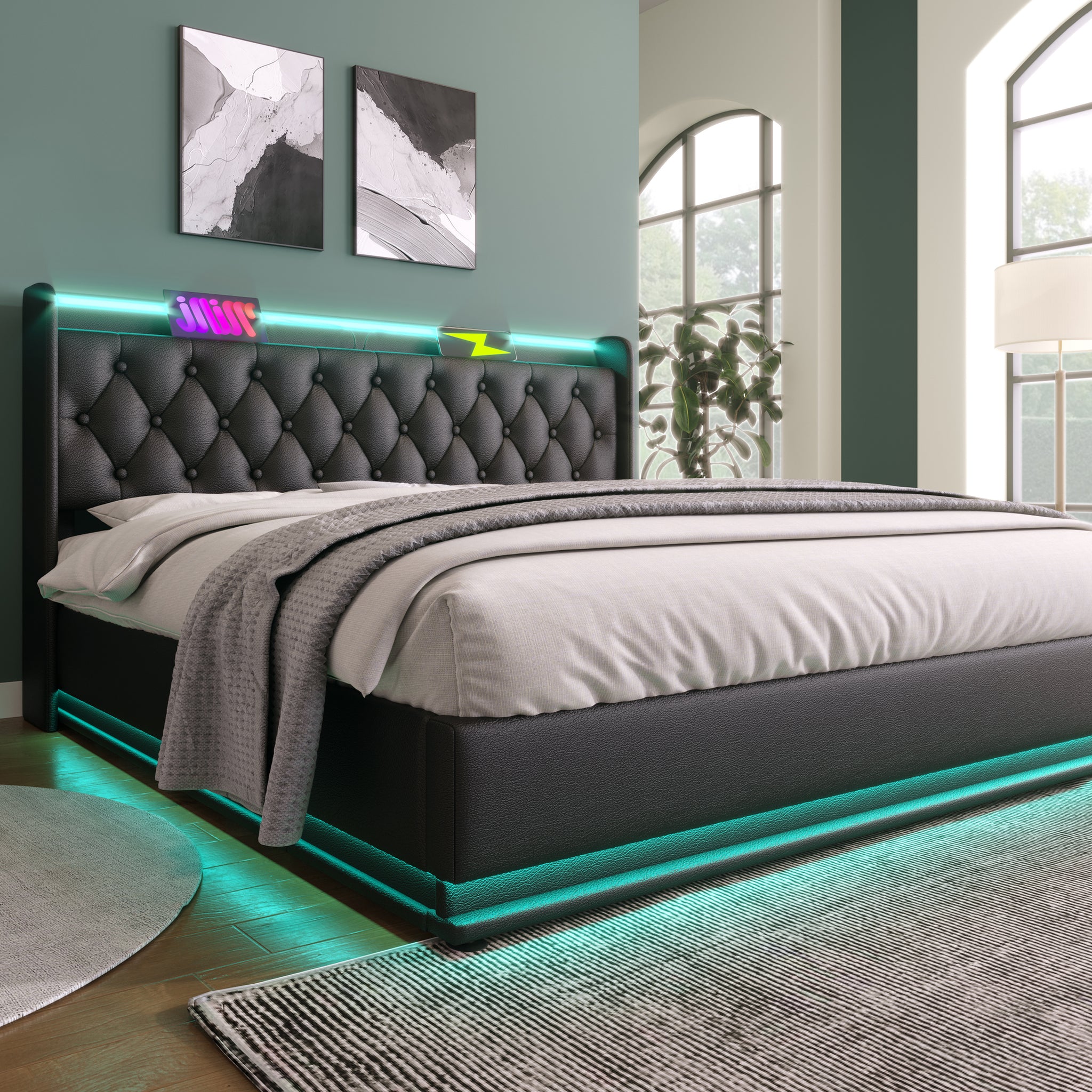 Queen Size Upholstered Bed, 360 Surround Led Function, Buttons Apps Remote Control, Hydraulic Storage Bed With Usb Type C Charging, Black,Pu Without Mattress Queen Black Pu