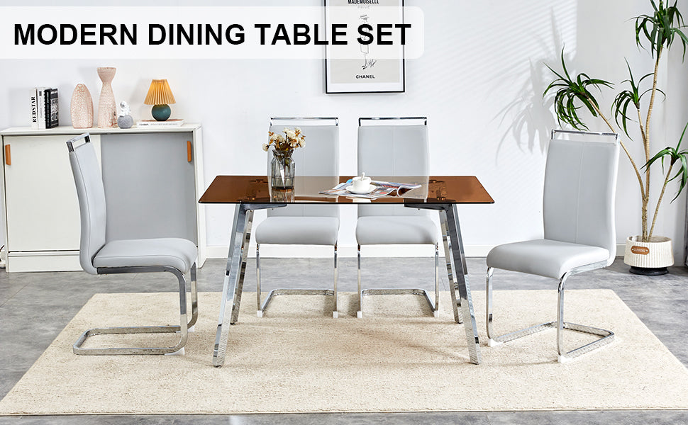 1 Table And 4 Chairs, Brown Tempered Glass Tabletop And Silver Metal Legs, Modern Minimalist Style Rectangular Glass Dining Table, Paired With 4 Modern Silver Metal Leg Chairs. 1123C 1162 Brown Seats 4 Glass