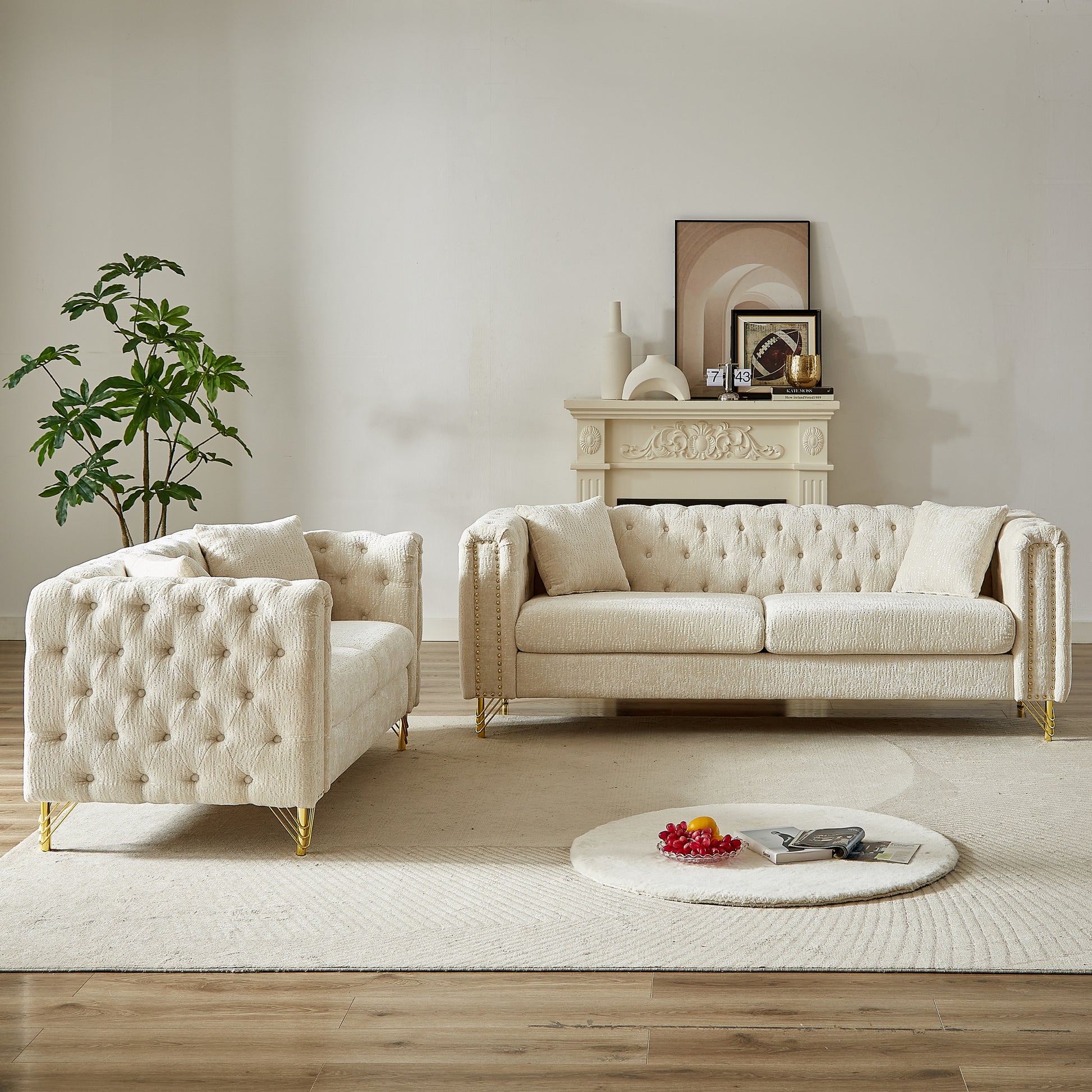 Chenille Pull Buckle Design Sofa For Living Room,Buttons Tufted With Copper Nail Decoration Armrest, Modern Couch Upholstered Button And Metal Legs Beige Foam Chenille 5 Seat