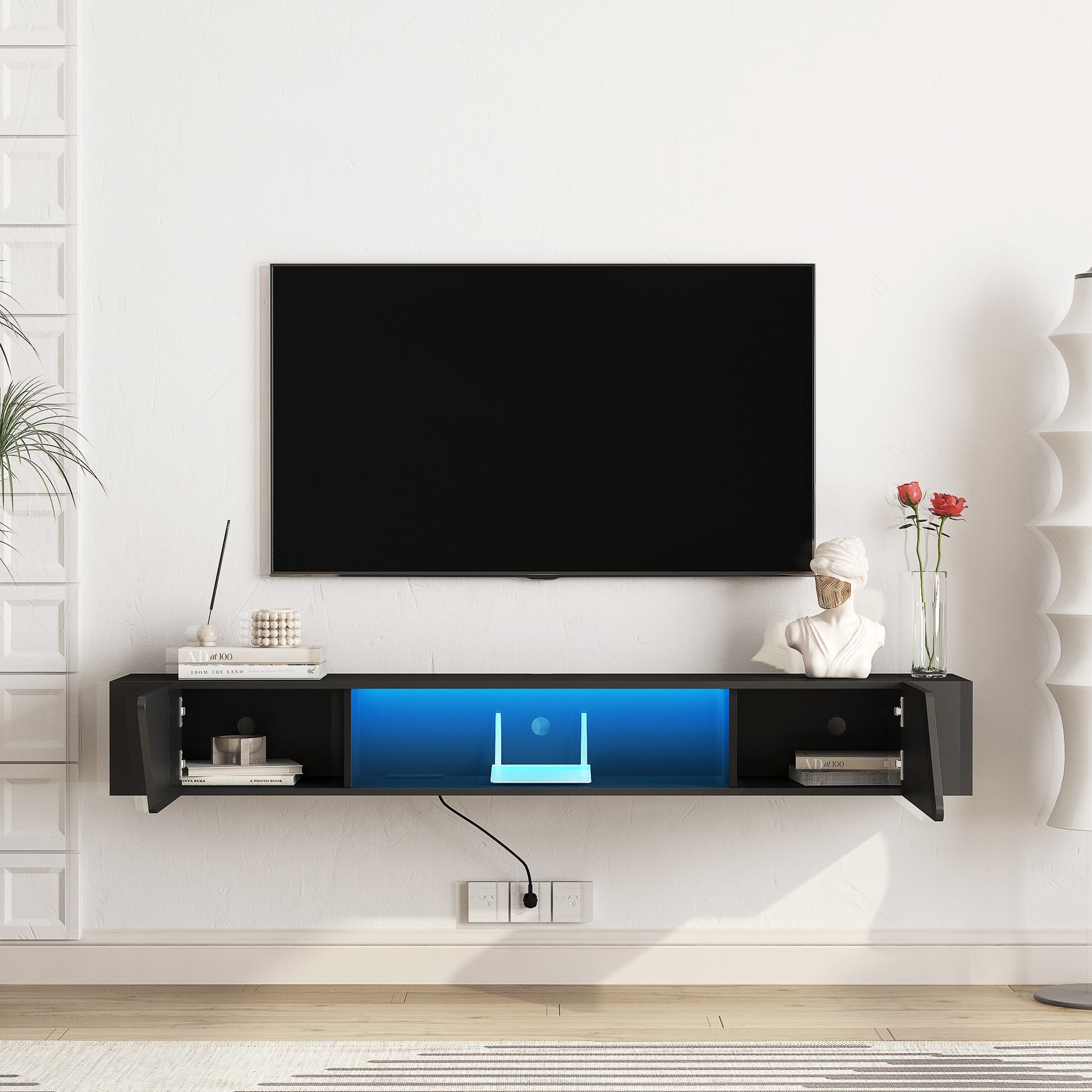 Floating Tv Stand Wall Mounted With 16 Color Leds,69" Modern Tv Stand, Floating Tv Cabinet Entertainment Center For 55 60 65 Inch Tv,Black Black 60 69 Inches Mdf